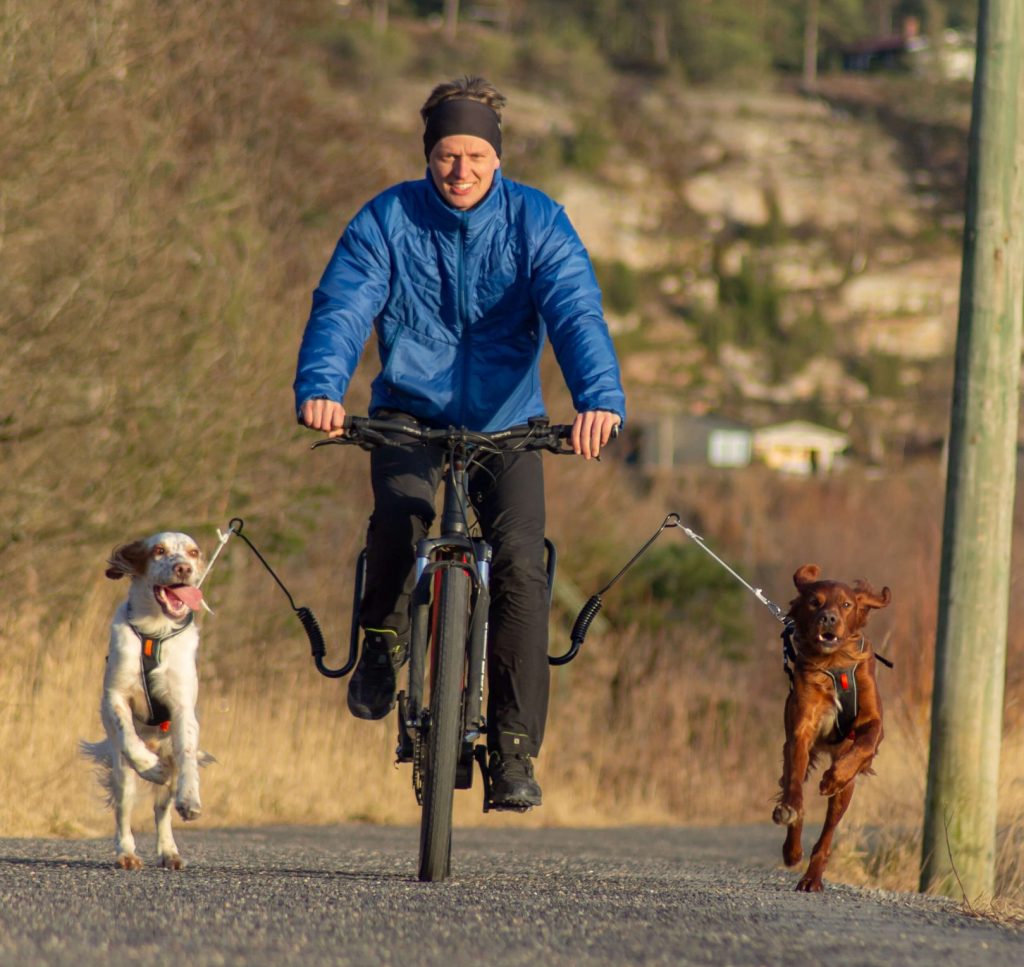 sykkeltur dobbelarm hund springer